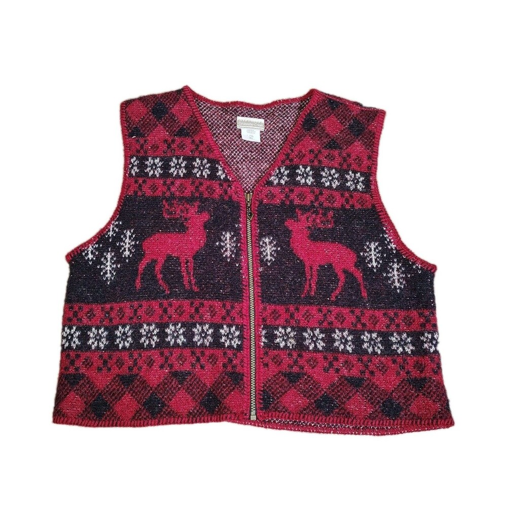 Coldwater Creek Wool Vest Size XL Cabincore Lodge Rustic Cozy Deer Fair Isle